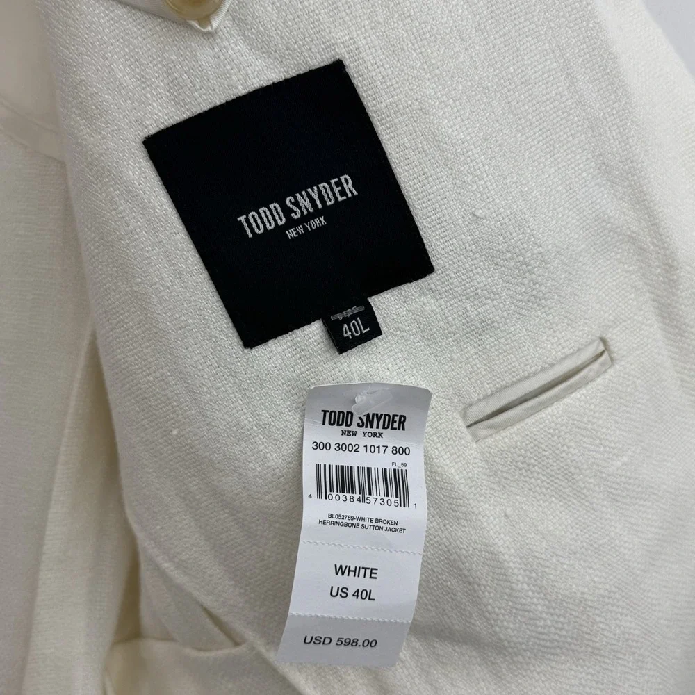 Todd Snyder Linen Sutton Blazer Mens 40L White Herringbone Beach Wedding NWT
